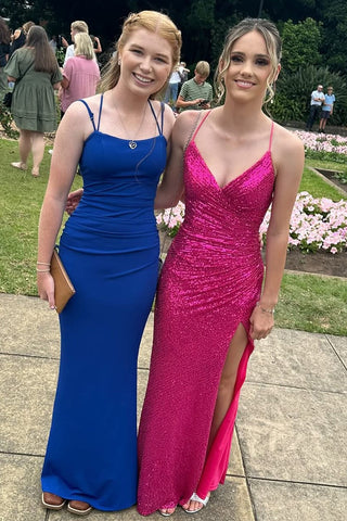 Mermaid Fuchsia Sequins Long V Neck Party Prom Dresses