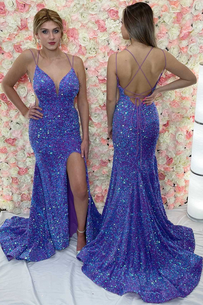 Mermaid purple Iridescent Sequin Lace-Up Back Long Prom Dresses,BD93128