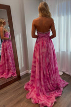 A-Line Sweetheart Pink Floral Printed Long Prom Dresses