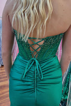 Mermaid Strapless Green Satin Long Prom Dresses
