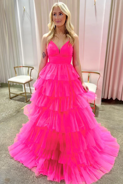 Lilac V Neck Ruffle Tiered Long Prom Dresses