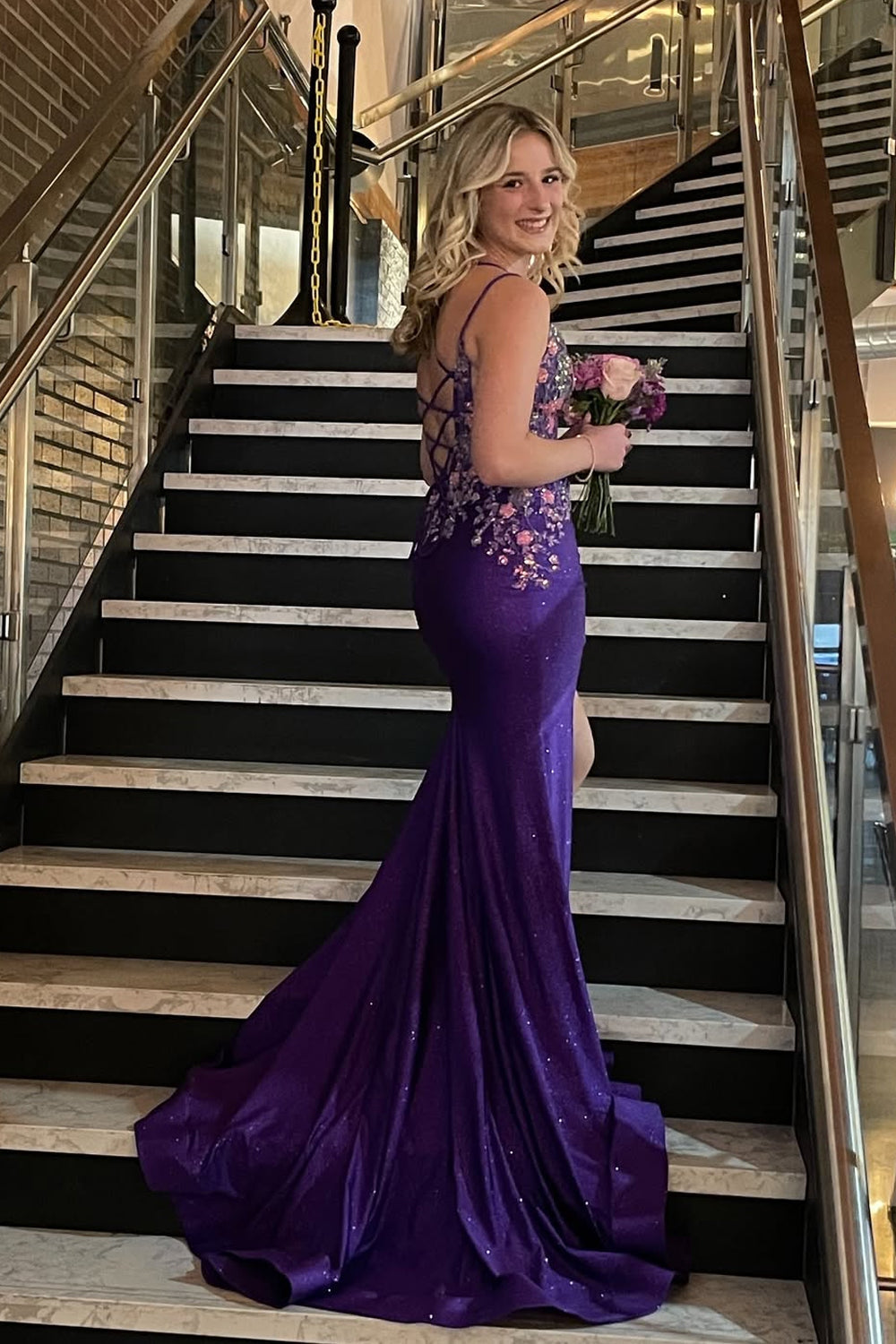 Mermaid V Neck Purple Satin Prom Dresses