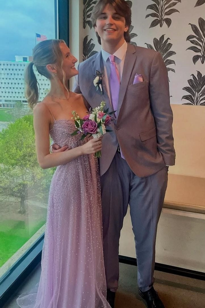 A-Line Sweetheart Spaghetti Straps Lilac Sequins Long Prom Dress