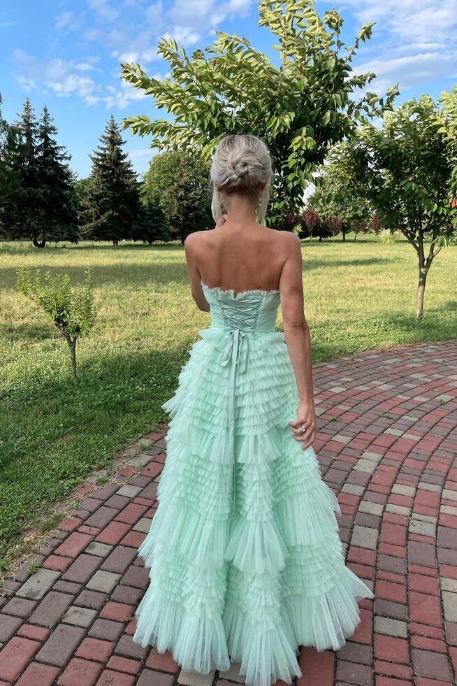 Mint Green Strapless Tulle Tiered Ruffles High-Low Prom Dress, Mint Green / 18 Mint Green Strapless Tulle Tiered Ruffles High-Low Prom Dress, Mint Green / 18