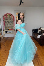 A Line Sparkly Blue Tulle Long Sweetheart Prom Dresses