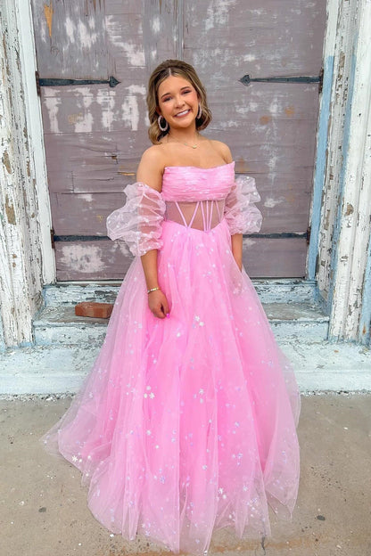 A Line Sparkly Blue Tulle Long Sweetheart Prom Dresses
