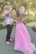 A Line Sparkly Blue Tulle Long Sweetheart Prom Dresses