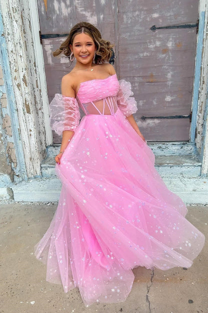 A Line Sparkly Blue Tulle Long Sweetheart Prom Dresses