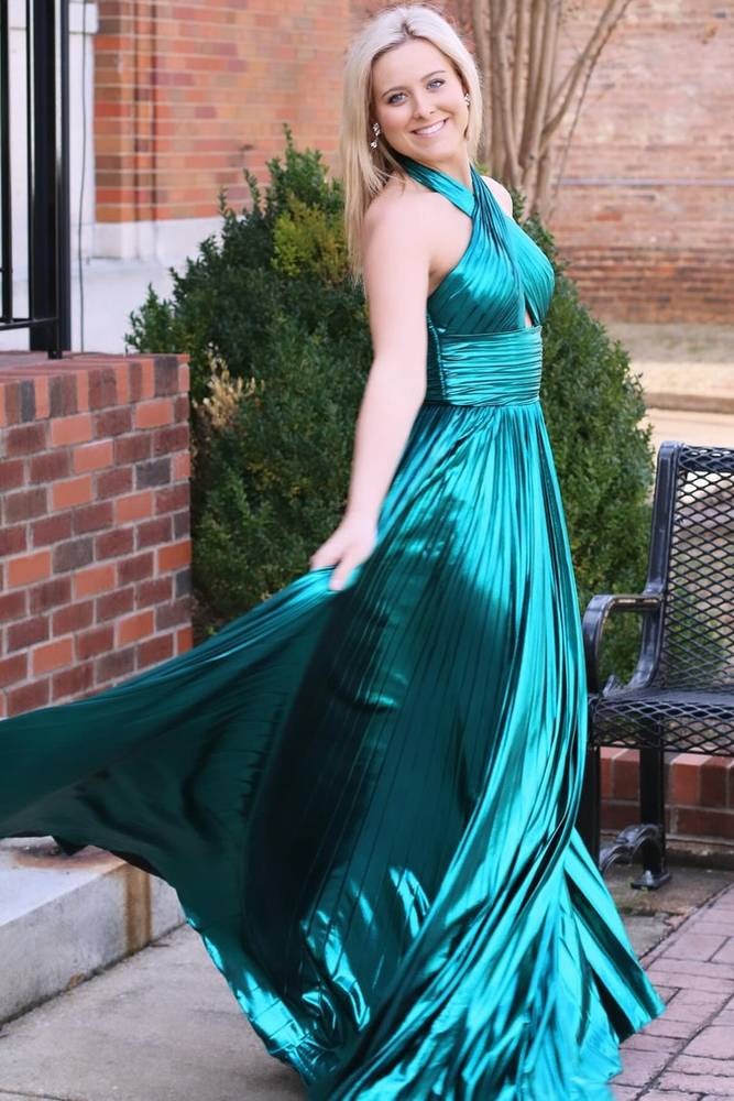 Emerald Green prom dresses,Metallic Key Hole Pleated Gown with Slit luladress Emerald Green prom dresses,Metallic Key Hole Pleated Gown with Slit luladress