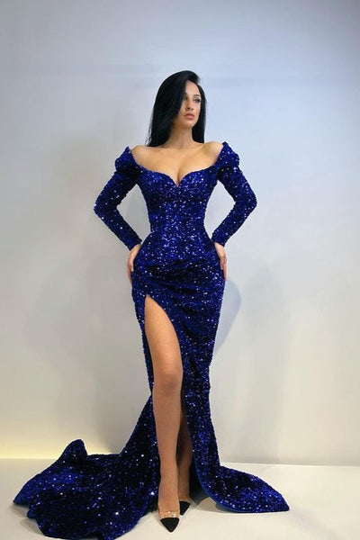 Robes de soirée sirène à manches longues et paillettes, robes de bal fendues
