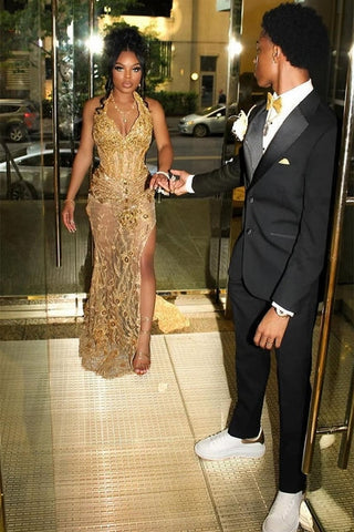 Long Gold Beaded Halter Mermaid High Split Floor length Prom Dresses