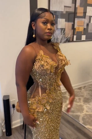 Gold Flowers Sequin Column Floor length Sparkle Sleeveless Prom Dresses