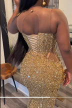 Gold Flowers Sequin Column Floor length Sparkle Sleeveless Prom Dresses