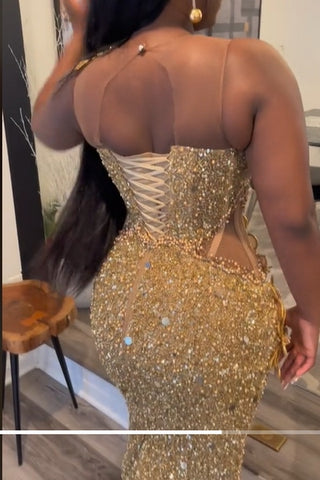 Gold Flowers Sequin Column Floor length Sparkle Sleeveless Prom Dresses