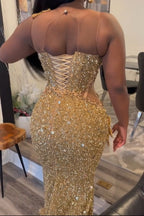 Gold Flowers Sequin Column Floor length Sparkle Sleeveless Prom Dresses