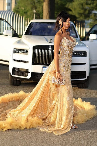 Gold Sweetheart Mermaid Beaded Sparkles Court Train Flowers Prom Dresses