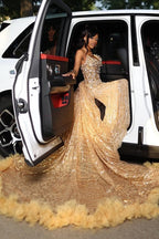 Gold Sweetheart Mermaid Beaded Sparkles Court Train Flowers Prom Dresses