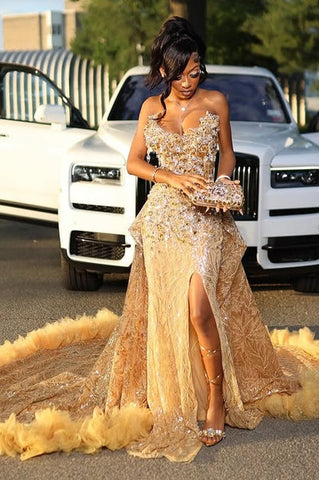 Gold Sweetheart Mermaid Beaded Sparkles Court Train Flowers Prom Dresses