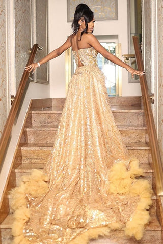 Gold Sweetheart Mermaid Beaded Sparkles Court Train Flowers Prom Dresses