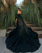 Gorgeous Off-the-Shoulder Black Chiffon Prom Dresses Holiday Dress Lace With Slit