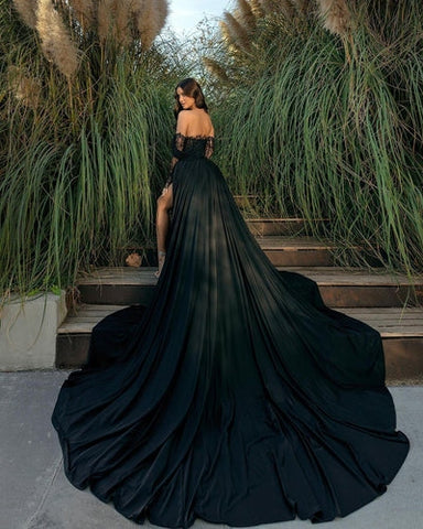 Gorgeous Off-the-Shoulder Black Chiffon Prom Dresses Holiday Dress Lace With Slit