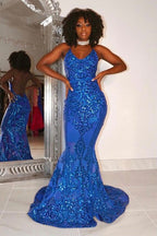 Gorgeous halterneck V-neck sleeveless mermaid sequin Prom dresses