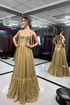 A Line Keyhole Gold Metallic Satin Long Sweetheart Prom Dresses