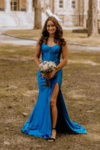 Mermaid Sweetheart Royal Blue Satin Slit Prom Dresses