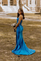 Mermaid Sweetheart Royal Blue Satin Slit Prom Dresses