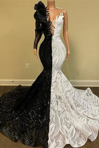 White Hot Half Black Half One shoulder Long Sleeves Mermaid Prom Dresses