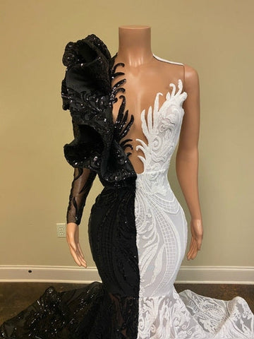 White Hot Half Black Half One shoulder Long Sleeves Mermaid Prom Dresses