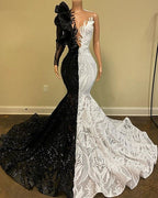 White Hot Half Black Half One shoulder Long Sleeves Mermaid Prom Dresses