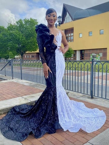 White Hot Half Black Half One shoulder Long Sleeves Mermaid Prom Dresses