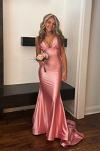Pink V-Neck Elastic Satin Long Mermaid Prom Dresses