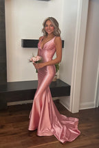 Pink V-Neck Elastic Satin Long Mermaid Prom Dresses