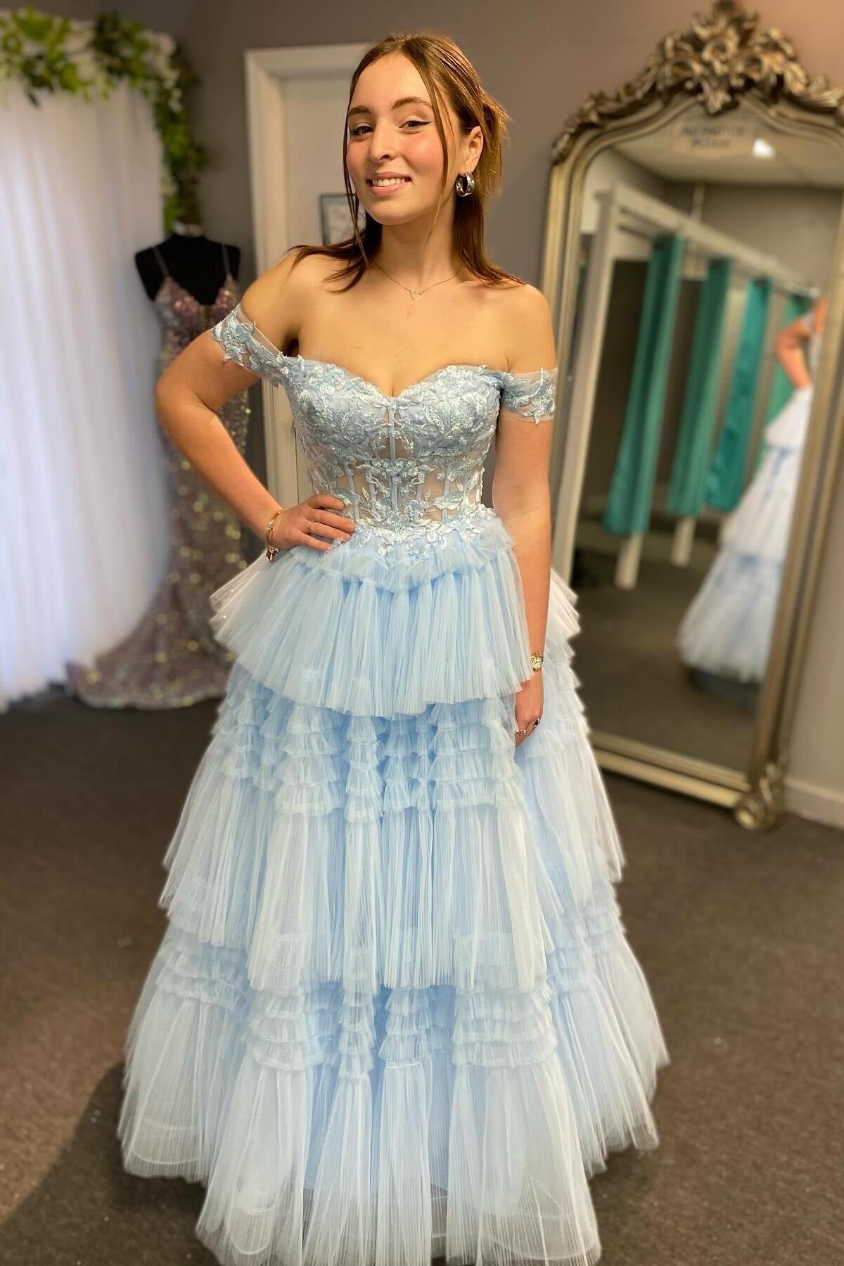Off the Shoulder Light Blue Tiered Tulle Prom Dresses