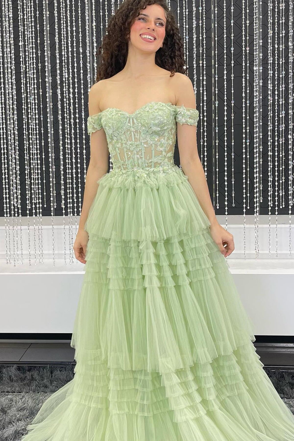 Off the Shoulder Light Blue Tiered Tulle Prom Dresses