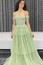 Off the Shoulder Light Blue Tiered Tulle Prom Dresses