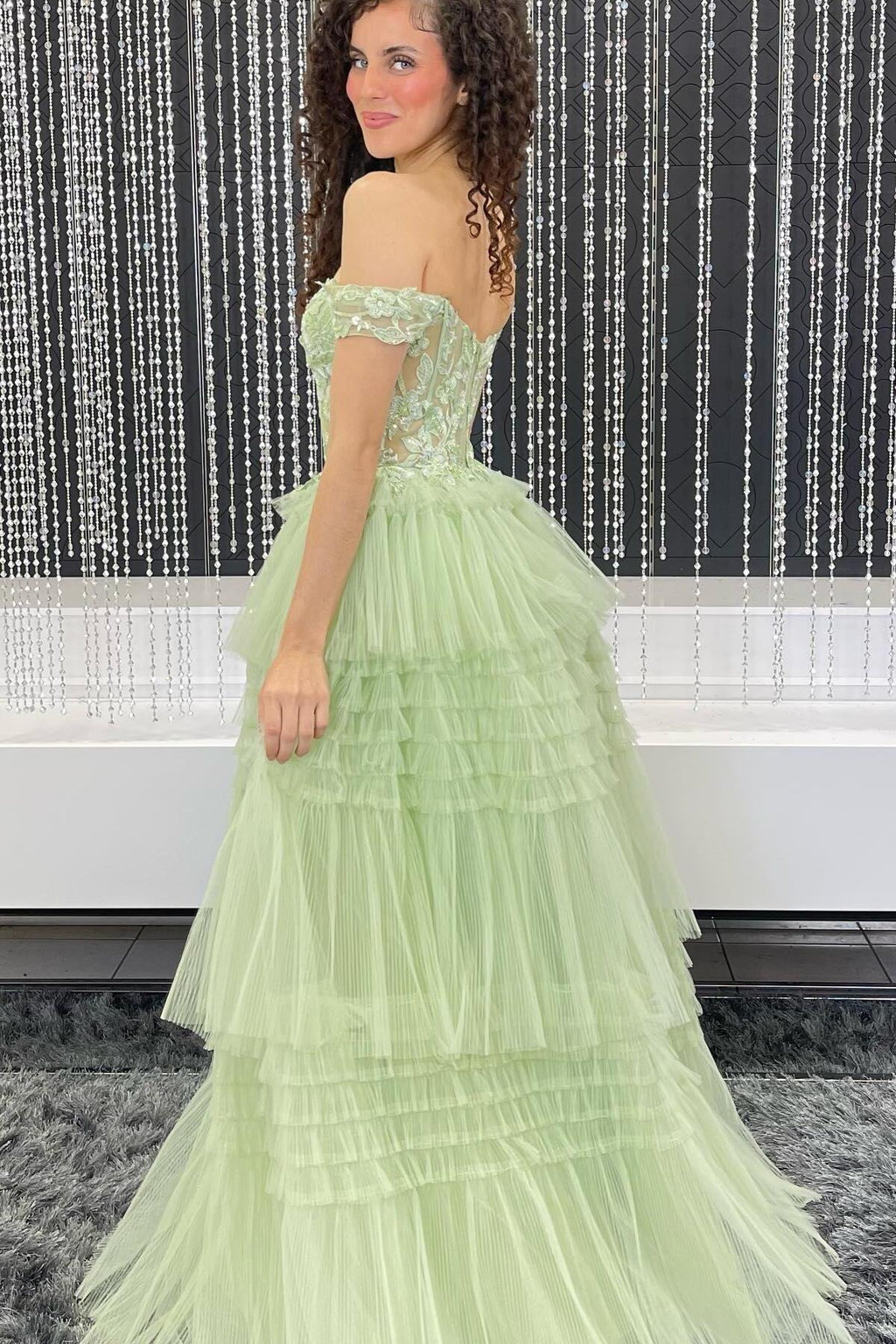 Off the Shoulder Light Blue Tiered Tulle Prom Dresses