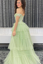 Off the Shoulder Light Blue Tiered Tulle Prom Dresses