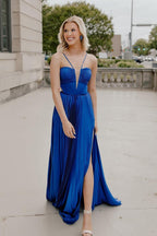 V Neck Pleated Satin Royal Blue Prom Dresses with Bow Back