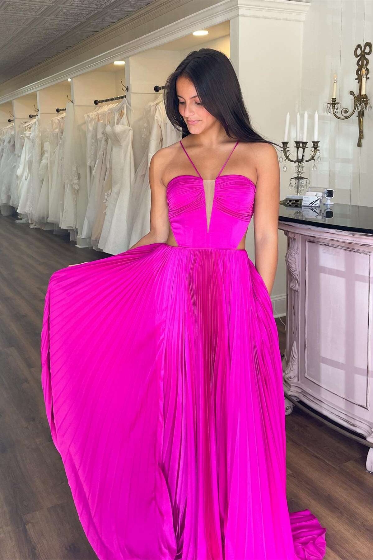 V Neck Pleated Satin Royal Blue Prom Dresses with Bow Back