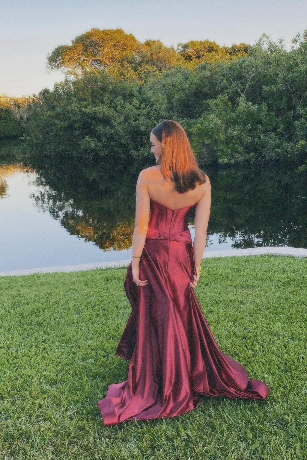 A Line Keyhole Burgundy Satin Slit Sweetheart Prom Dresses