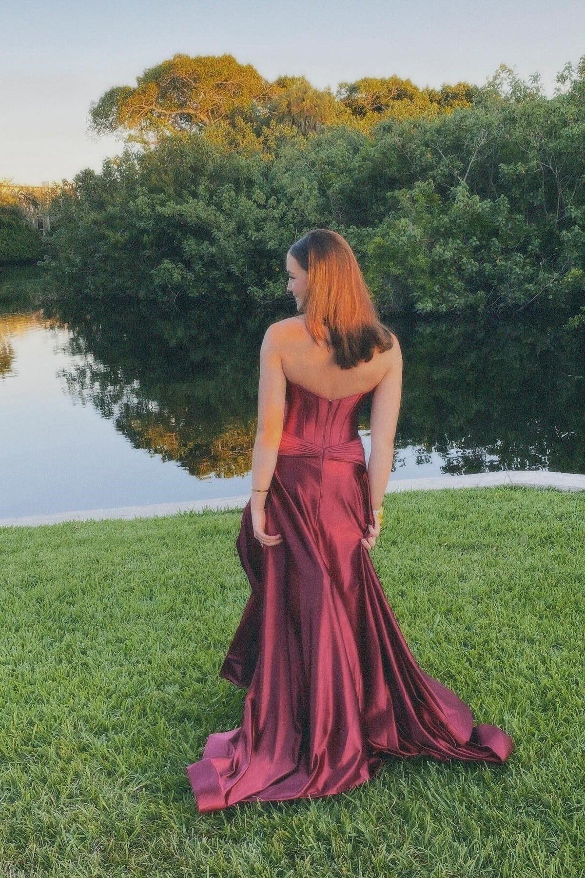A Line Keyhole Burgundy Satin Slit Sweetheart Prom Dresses