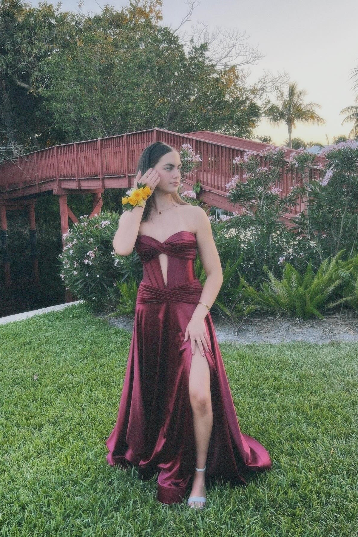 A Line Keyhole Burgundy Satin Slit Sweetheart Prom Dresses