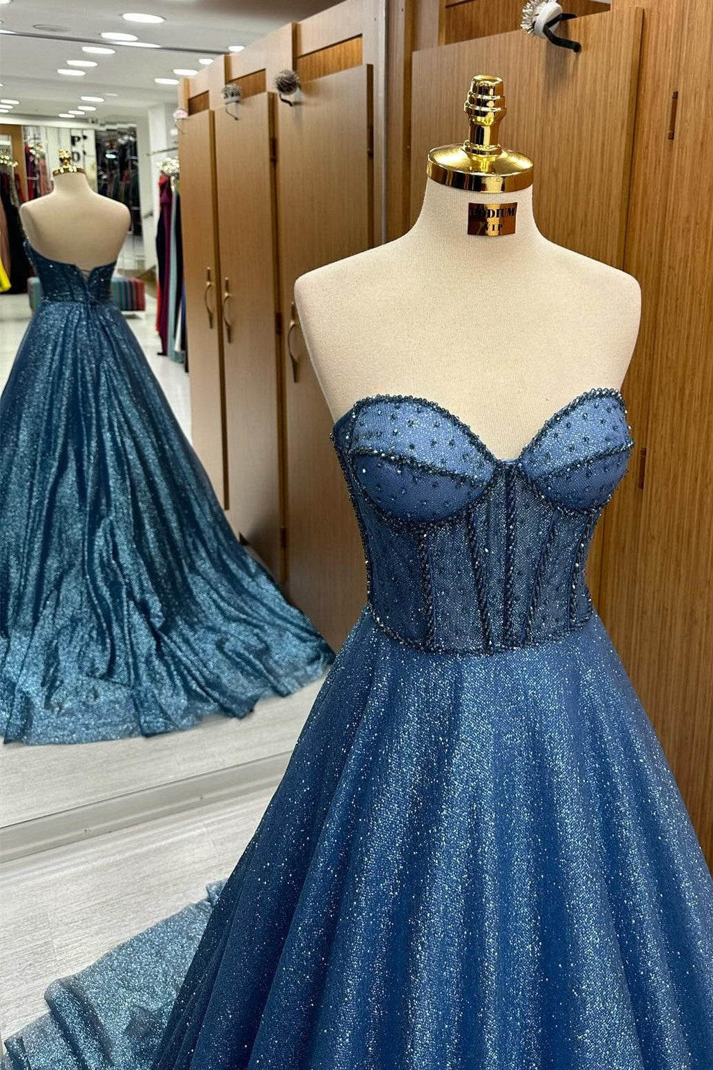 Ball Gown Sweehteart Navy Blue Glitter Tulle Long Prom Dresses