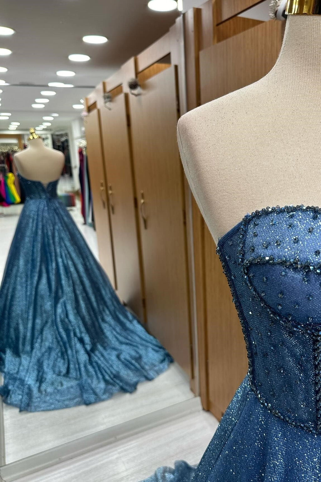 Ball Gown Sweehteart Navy Blue Glitter Tulle Long Prom Dresses