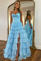 Yellow A-Line Sweetheart Long Tiered Prom Dresses
