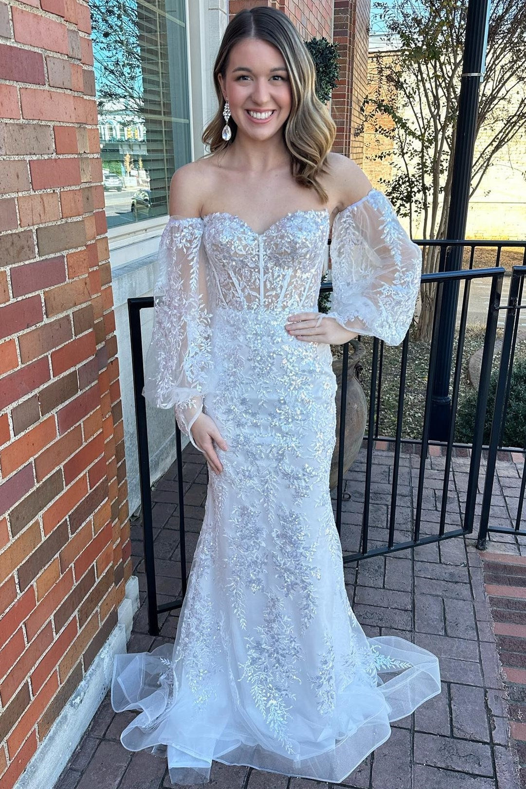 Mermaid White Off The Shoulder Sequins Lace Long Prom Dresses with Lon Mermaid White Off The Shoulder Sequins Lace Long Prom Dresses with Lon