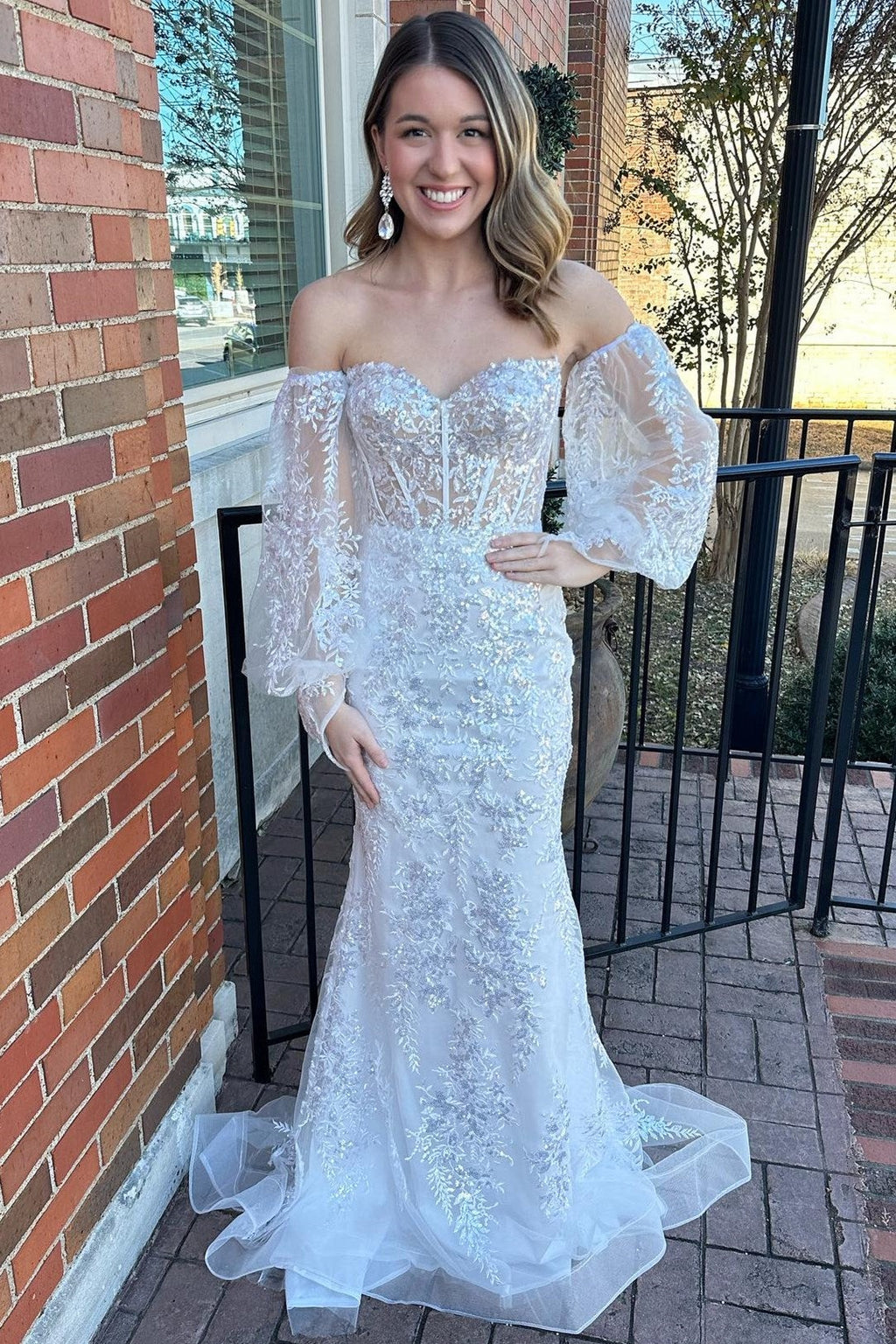 Mermaid White Off The Shoulder Sequins Lace Long Prom Dresses with Long Sleeves
